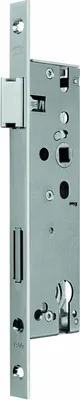 A close-up, studio shot of a metal door lock mechanism.