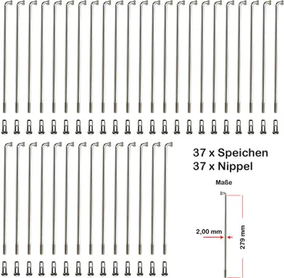 Produktbild von 37 Stück Speichen 279mm Spokes silber VERZINKT 2mm inkl. Messing Speichennippel