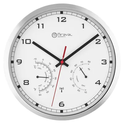 A white analog clock with a silver frame, displaying time, temperature, and humidity.