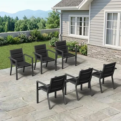 Produktbild von Gartenstühle Stapelbar, 6er Set Aluminium Gartenstuhl mit Armlehnen, Garten Stapelstühle, Balkonstühle, Garten Esszimmerstühle, Wetterfeste Terrassenstühle, Dunkelgrau