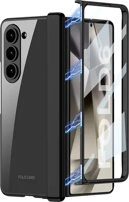 Obrázek produktu pro Pouzdro pro Samsung Galaxy Z Fold 6 transparentním elektroplátovým krytem z PC a ochrannou fólií na displej s Magnetické ochranou pantu černé