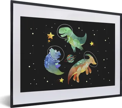Produktbild von MuchoWow® Gerahmtes Poster Sterne - Dinosaurier - Kind - Mädchen - Jungen - Kinder - Kinder 40x30 cm - Poster mit Schwarzem Bilderrahmen Wandposter Rahmen Foto Bilder - Bilderrahmen - Poster im Rahmen