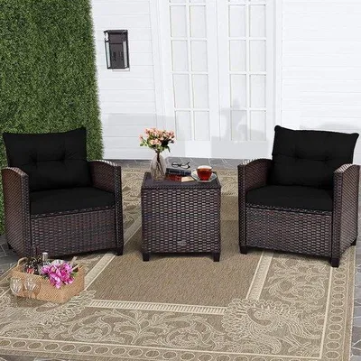 Produktbild von Polyester 3-sitziger Gartenmöbelset, rotan Sitzgruppe, 2 Stühle und 1 Sideboard, Gartenmöbel, Bistroset, Gartenlounge