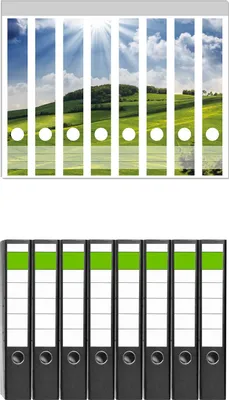 Produktbild von Wallario 8 Stück schmale Ordner inkl. Klebeetiketten mit Motive Strahlender Sonnenschein -  Set mit Rückenschildern / Ordnerrücken Stickern