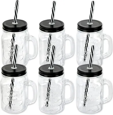 Produktbild von Schramm® 6 Stück Trinkgläser mit Deckel, Henkel und Mehrweg -Strohhalm Trinkhalm wiederverwendbar (iii) in 4 Varianten wählbar Glas Gläser Trinkglas Cocktail  Drinking, Farbe:schwarz