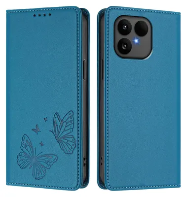 Obrázek produktu pro Kožené pouzdro pro Fairphone 6, motýlí ražbou, peněženkové flip pouzdro se stojánkem Modrá