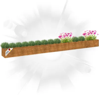A wooden planter box filled with green plants and pink flowers, set against a bright, radiating background.