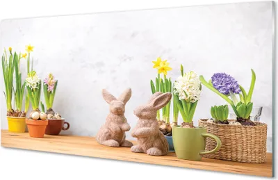 Produktbild von Glasbilder 140x70 Wandkunst Blumen Kaninchen