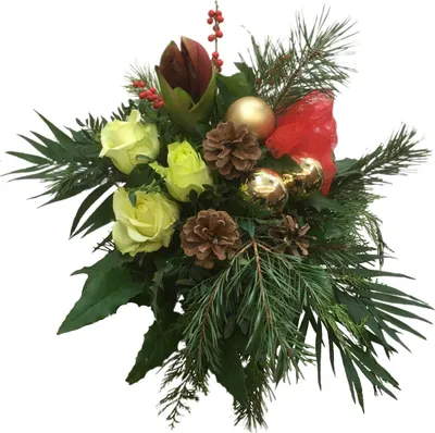 Produktbild von Blumenstrauß „Weihnachtsglück“ – Festlicher Winterstrauß mit Amaryllis, Rosen, Tannengrün & Deko für Weihnachten