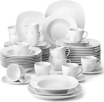 MALACASA, Serie Elisa, 60 Tlg. Porzellan Tafelservice Geschirrset mit 12 Kaffeetassen, 12 Untertassen, 12 Dessertteller, 12 Suppenteller, 12 Essteller