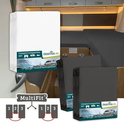 Image de Pack textile lit en longueur Camper avec matelas central - 2 jeux de draps-housses (3 pièces) et 1 jeu de draps-housses (3 pièces) - 1 Molton + 2 x An - 1Molton+2xAnthracite