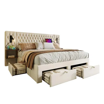 Produktbild von Bettanlage Schlafzimmer Komplett Set, Polsterbett Doppelbett 180×200 cm mit 2 Nachttischen und 4 Schubladen, Kopfteil Leselicht mit USB Ladefunktion