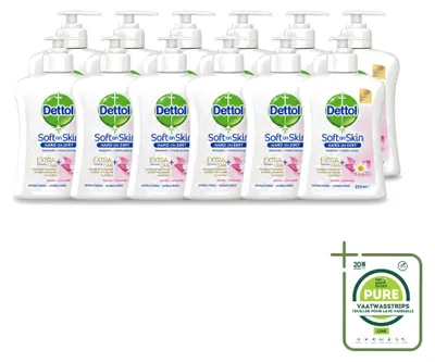 Imagen del producto de 12 unidades de jabón antibacteriano líquido para manos Dettol, con extracto de manzanilla, hidratante, 250 ml, pack grande