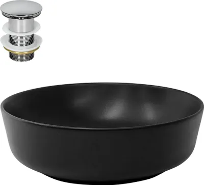 Produktbild von LuxeBath Waschbecken Aufsatzwaschbecken Rund, Ø 41,5x13,5 cm, Schwarz, aus Keramik, inkl. Ablaufgarnitur ohne Überlauf