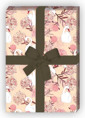 Produktbild von Üppiges Chrysanthemen Geschenkpapier mit edlen Schwänen, rosa  - G11589, 32 x 48cm