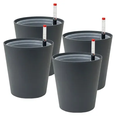 Produktbild von Leni FLORI orchid Orchideentöpfe 4er Komplett-Set Ø 13 cm H 15 cm Anthrazit mit Übertopf Innentopf Drainagescheibe und Gießanzeiger Kunststoff zum Umtopfen für Orchideen