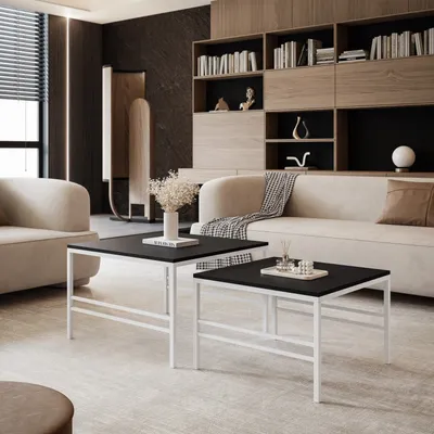 Produktbild von Idohome - Moderner Couchtisch FORMA 2in1 70/60 cm für das Wohnzimmer mit Metalgestell Kaffeetisch Wohnzimmertisch Sofatisch Weiß / Schwarz Matt