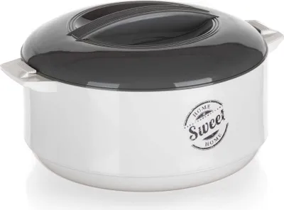 A white and gray insulated food container with a dark gray lid and a handle.