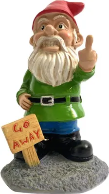 A garden gnome figurine with a sign that says "GO AWAY" and is giving the middle finger.