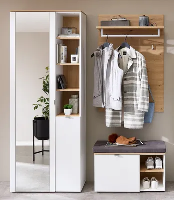 Produktbild von Garderoben-Set >Bari< (3-teilig) weiss matt / Eiche - 158x202x38cm (BxHxT)