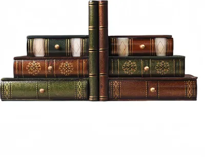 Produktbild von Vintage Holz-Buchstützen mit 6 Schubladen, 2-teiliges Set im Buch-Design, hölzerne Bücherstützen als Regal-Deko und Schreibtisch-Organizer, stabile Buchstütze, 16,5 x 12,5 x 17 cm