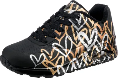 Produktbild von Skechers Damen UNO Metallic Love Trainers, Black and Multi Metallic Heart Print