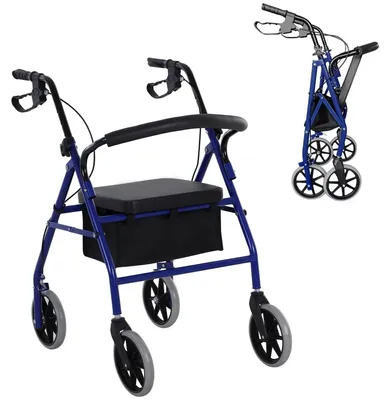 Zdjęcie produktu dla Wózek inwalidzki dla seniorów - pomoc do chodzenia - składany - z siedziskiem i koszem - regulowana wysokość 79–89 cm - aluminium, wymiary 65x53 cm - kolor niebieski