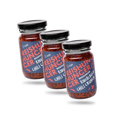 Produktbild von REISHUNGER Knoblauch Chili Crunch, 3 x 115 g - fertiges Crispy Chili Öl aus Knoblauchflocken, mild-scharfem Chili und würzigen Zwiebeln