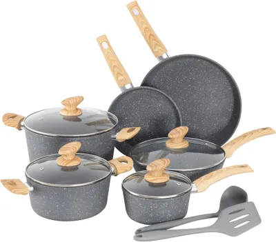 Produktbild von Kitchen Academy Marmorbeschichtetes Topf- und Pfannenset 12tlg, Antihaft Kochgeschirr für Induktion, Gasherd, Mikrowelle, Grau