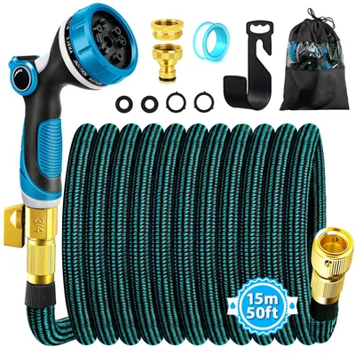 Productafbeelding van Flexibele tuinslang Waterslang Tuinslang - 15 m - 3/4 en 1/2 inch messing aansluiting - Blauwzwart - 10 sproeiers