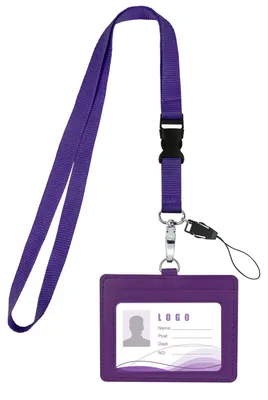 Image de Porte-badge pour cordons, porte-badge en cuir PU, cordon avec anneau, porte-badge en cuir pour cartes d'identité, cartes de service, cartes d'étudiant, cartes de bureau (violet)