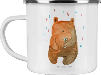 Produktbild von Mr. & Mrs. Panda Teetasse Bär Party - Weiß - Geschenk, Reisebecher, Pott, Geburtstagsgeschenk, Feiern, Teebecher, blechbecher, Teddy, Emaille Becher, Geburtstag, Lustig