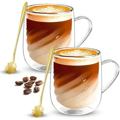 Zdjęcie produktu dla Kubki podwójnej ścianki, 350 ml, idealne do latte macchiato, szklanki do herbaty z łyżeczkami, termokubki podwójnej ścianki, do cappuccino, herbaty, espresso, mleka, piwa (4 sztuki)
