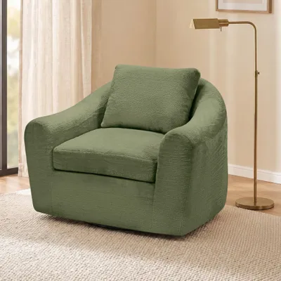Image de HomeMiYN Fauteuil pivotant avec dossier, fauteuil lounge confortable en tissu avec base en bois, fauteuil relax pour salon et chambre