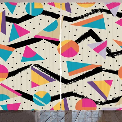 Obrázek produktu pro ARANDE Indie záclona, 80. léta, styl Memphis, geometrický abstraktní vzor s tečkami, trojúhelníky a kruhy, 280 x 175 cm, vícebarevná