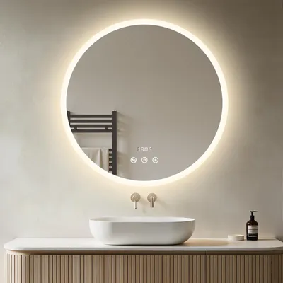 Zdjęcie produktu dla Okrągłe lustro łazienkowe Heilmetz LED, 80 cm, z głośnikiem Bluetooth, podświetlane i zapobiegające parowaniu, z regulacją jasności, ekranem dotykowym, zegarem i wskaźnikiem temperatury