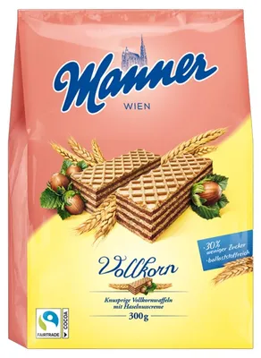 Zdjęcie produktu dla Wafle pełnoziarniste Manner o obniżonej zawartości cukru z kremem z orzechów laskowych 300 g