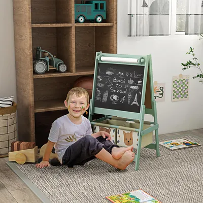 Image de Chevalet pour enfants 3 en 1 avec tableau noir, tableau blanc et rouleau de papier, motif animalier vert | 54 x 46,5 x 93 cm | MDF et bois de pin | à partir de 3 ans