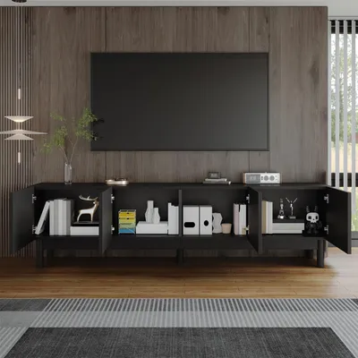 Image de MODFU Meuble TV - Meuble de Salon Bas avec Portes, Rangement Pratique et Support Stable, Design Ondulé, Particle Board+MDF, 169x35x45,5 cm, Noir