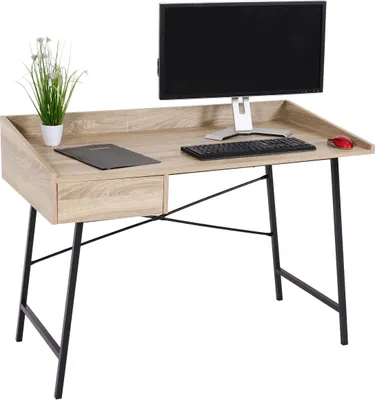 Immagine prodotto di Scrivania HWC-J97, scrivania per ufficio, struttura 3D a cassetti 98x114x60cm certificata MVG ~ aspetto rovere