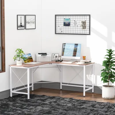 Produktbild von Schreibtisch Ecke, Eckschreibtisch L-Form, Computertisch Winkelschreibtisch, Natur-Weiß  |  70 kg  |  Stahl + MDF  |  150 x 150 x 76 cm