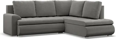 A grey sectional sofa with a chaise lounge is shown against a white background.
