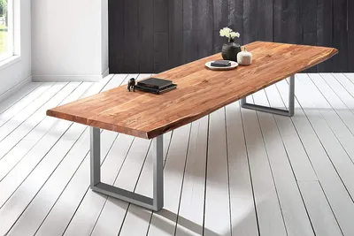 Produktbild von XL-Esstisch 350x120 cm Bob, Akazienholz naturfarben & massiv, Baumkantentisch mit U-Gestell aus Metall Silber, echte Baumkante, Platte 50mm