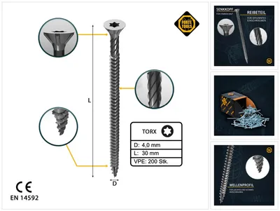 Obrázok produktu pre FORTE Tools Univerzálna skrutka do dreva 4,0 x 30 mm T20 200 ks ( 000040113868 ) strieborná pozinkovaná Torx so zápustnou hlavou s plným závitom