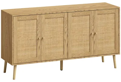 Produktbild von Rattan Sideboard mit 4 Türen, Boho Küchenbuffet mit 2 verstellbaren Einlegeböden, Holzoptik natur