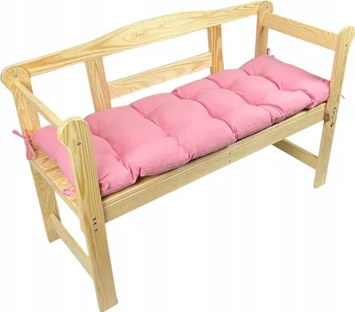 A wooden garden bench with a pink cushion.