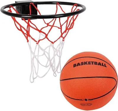 A basketball hoop and a basketball are shown against a white background.