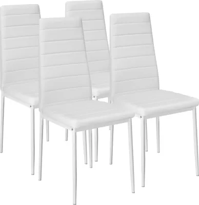 Four white dining chairs are arranged in a row against a white background.