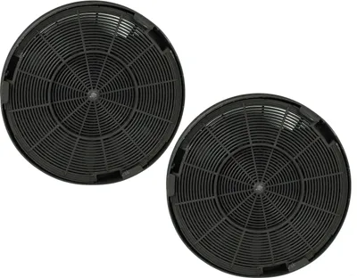 Two black circular carbon filters for a range hood, presented against a white background.