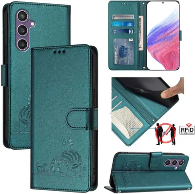 Produktbild von Leder Hülle für Samsung Galaxy S23 FE Süße Katze Flip Case Brieftasche Schutzhülle mit Standfunktion Grün